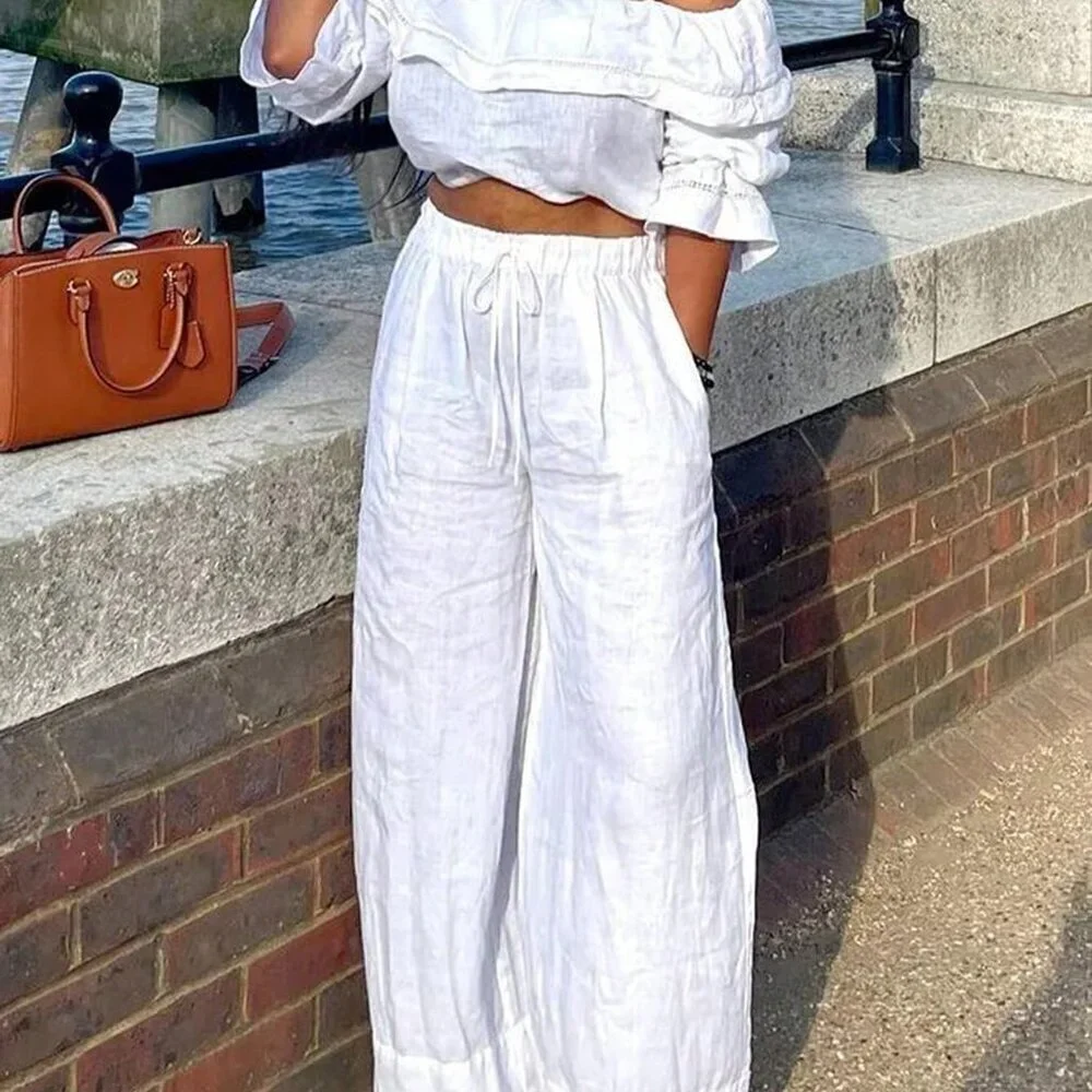 White Casual Women's Set Off-The-Shoulder Crop Top & Pants Set - Picture 2 of 5